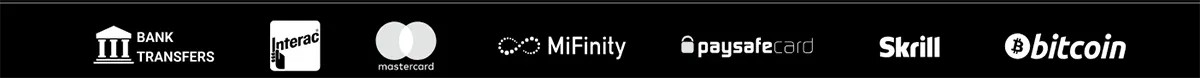 Horizontal casino payment methods banner on a dark background showing supported payment options through white icons and logos, including Bank Transfers, Interac, Mastercard, MiFinity, Paysafecard, Skrill, and Bitcoin, arranged in a single row to represent the platform’s available deposit and withdrawal methods.
