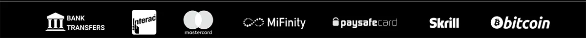 Horizontal casino payment methods banner on a dark background showing supported payment options through white icons and logos, including Bank Transfers, Interac, Mastercard, MiFinity, Paysafecard, Skrill, and Bitcoin, arranged in a single row to represent the platform’s available deposit and withdrawal methods.