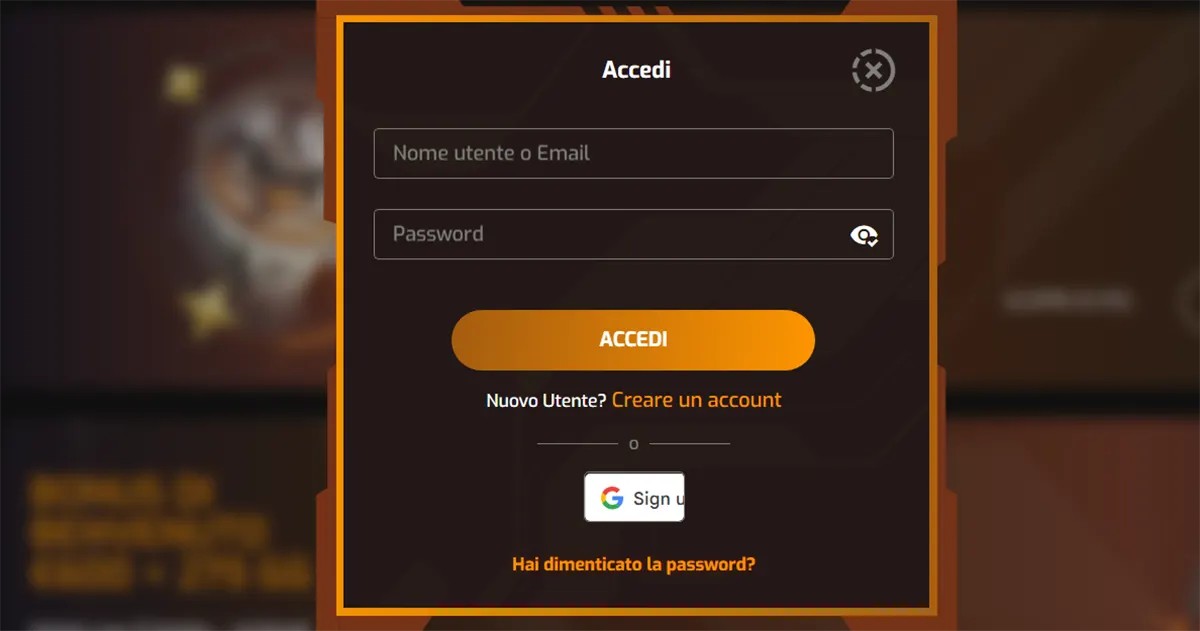 Italian-language casino login popup interface displayed in a dark orange-themed modal window, featuring input fields for username or email (“Nome utente o Email”) and password, along with a prominent “Accedi” (Log In) button. The interface also includes a link to create a new account (“Creare un account”), an option to sign in with Google, and a “Hai dimenticato la password?” (Forgot your password?) recovery link, all shown over a blurred casino website background.