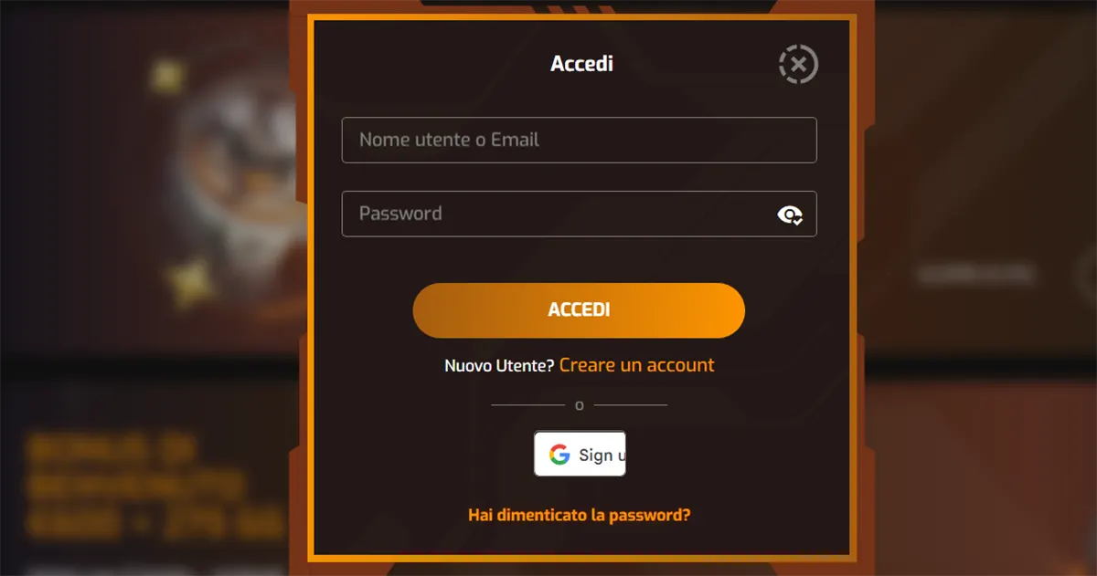 Italian-language casino login popup interface displayed in a dark orange-themed modal window, featuring input fields for username or email (“Nome utente o Email”) and password, along with a prominent “Accedi” (Log In) button. The interface also includes a link to create a new account (“Creare un account”), an option to sign in with Google, and a “Hai dimenticato la password?” (Forgot your password?) recovery link, all shown over a blurred casino website background.